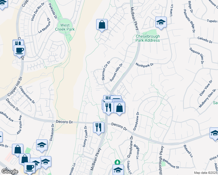 map of restaurants, bars, coffee shops, grocery stores, and more near 23805 Woodpark Court in Santa Clarita