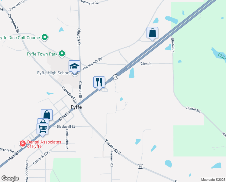 map of restaurants, bars, coffee shops, grocery stores, and more near 102 Denham Creek Drive in Fyffe