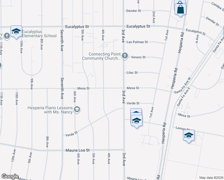 map of restaurants, bars, coffee shops, grocery stores, and more near 16405 Mesa Street in Hesperia