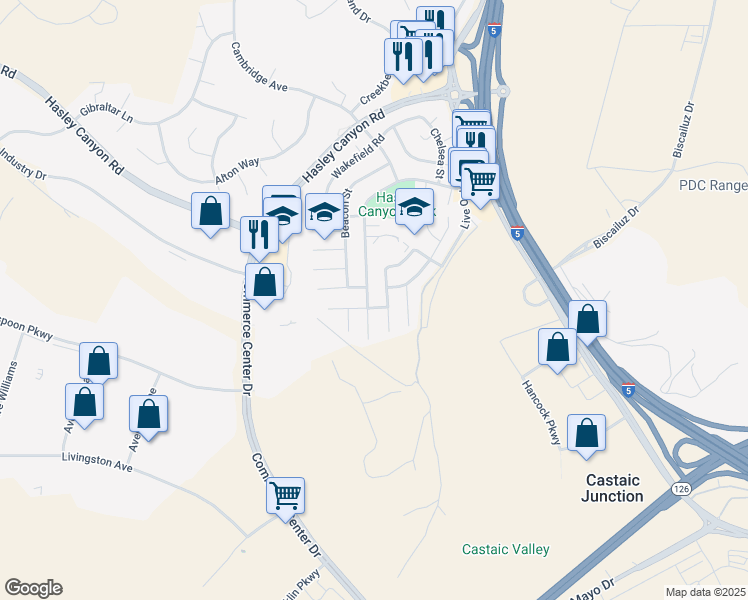 map of restaurants, bars, coffee shops, grocery stores, and more near 29170 Quincy Street in Castaic