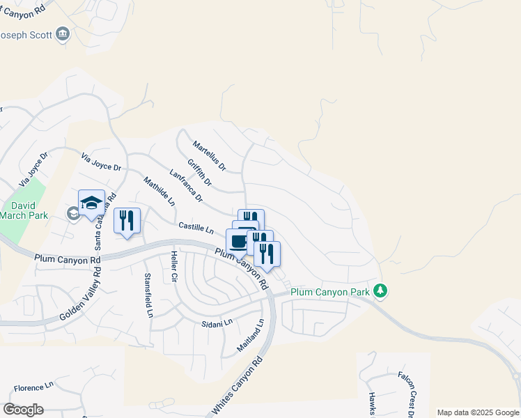 map of restaurants, bars, coffee shops, grocery stores, and more near 19307 Carranza Lane in Santa Clarita