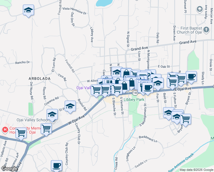 map of restaurants, bars, coffee shops, grocery stores, and more near 206 North Blanche Street in Ojai