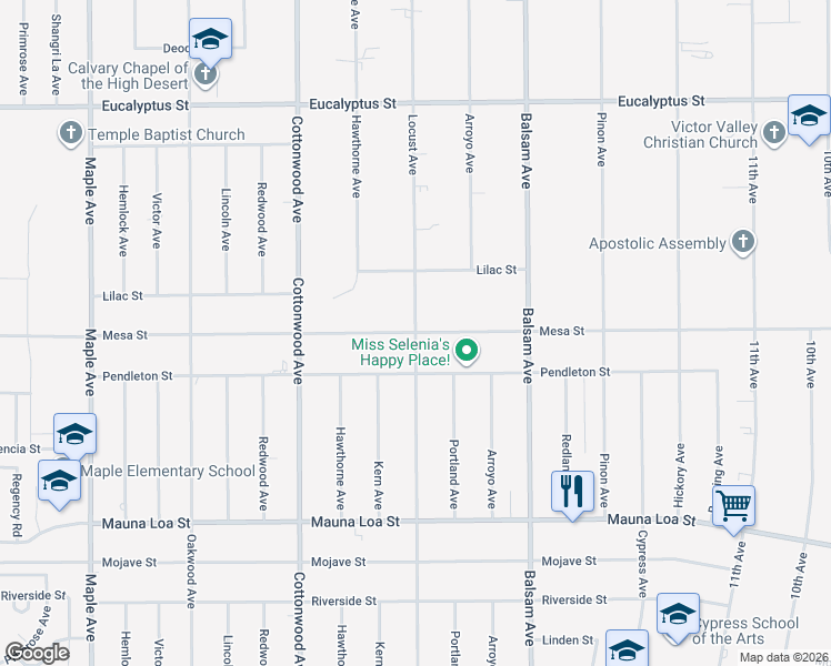 map of restaurants, bars, coffee shops, grocery stores, and more near Locust Avenue in Hesperia