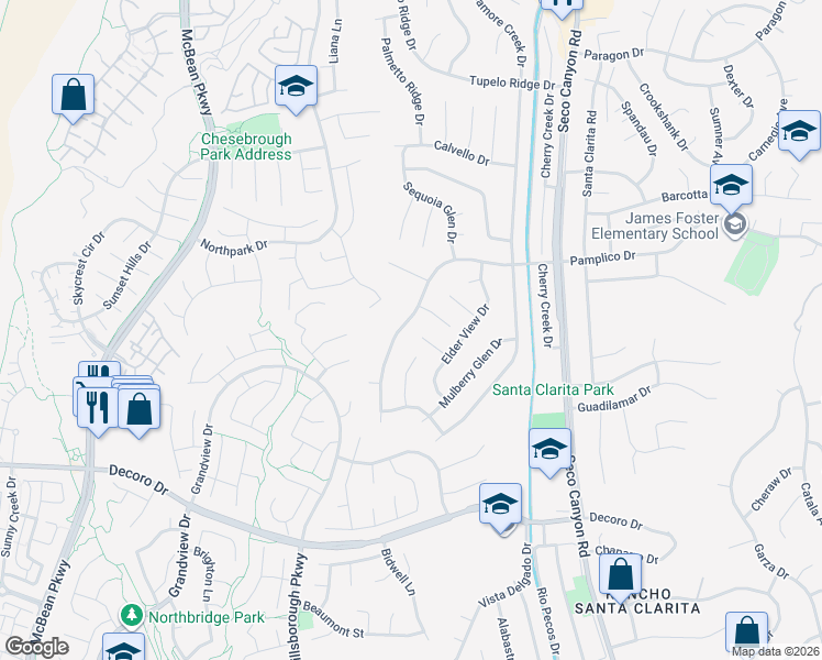 map of restaurants, bars, coffee shops, grocery stores, and more near 27558 Pamplico Drive in Santa Clarita