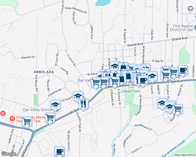 map of restaurants, bars, coffee shops, grocery stores, and more near 303 West Aliso Street in Ojai