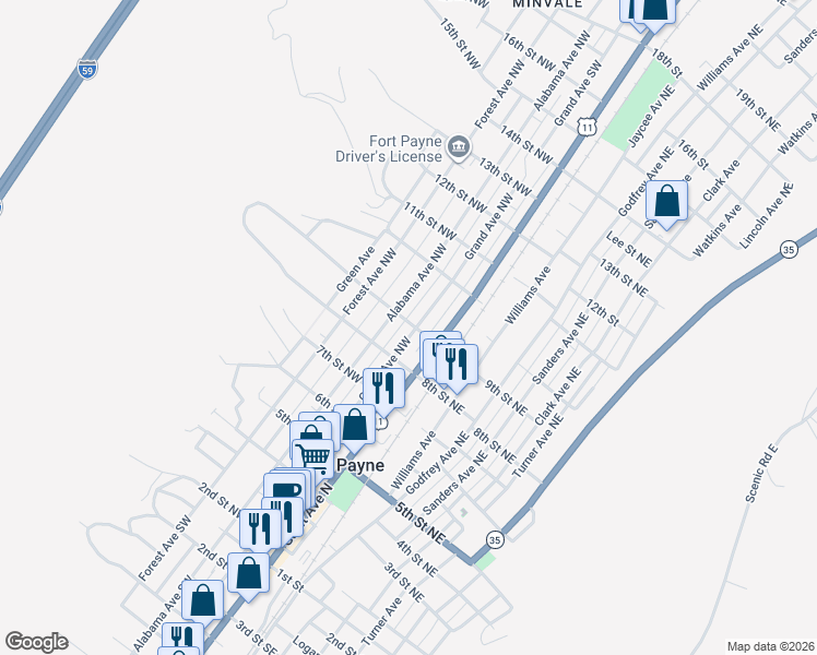 map of restaurants, bars, coffee shops, grocery stores, and more near 813 Alabama Avenue Northwest in Fort Payne