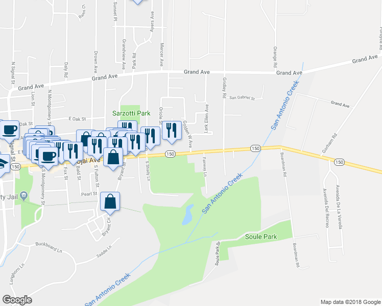 map of restaurants, bars, coffee shops, grocery stores, and more near East Ojai Avenue & Golden West Avenue in Ojai