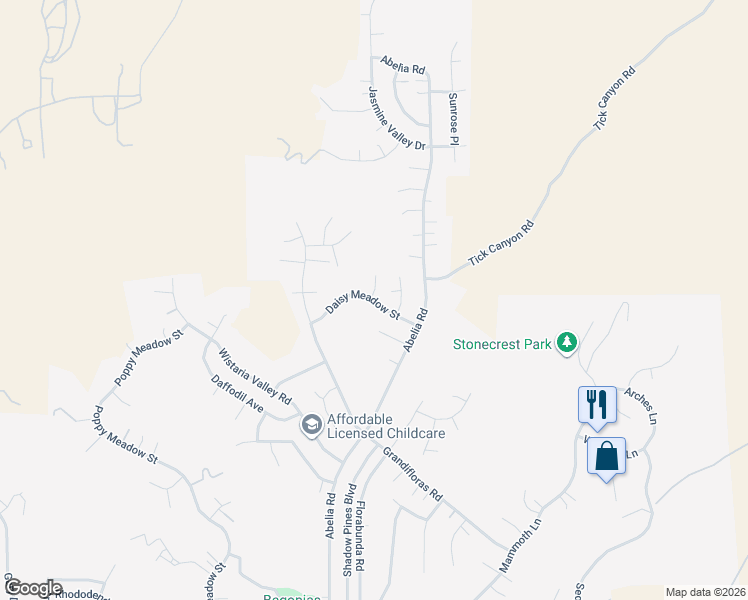 map of restaurants, bars, coffee shops, grocery stores, and more near Daisy Meadow Street in Santa Clarita