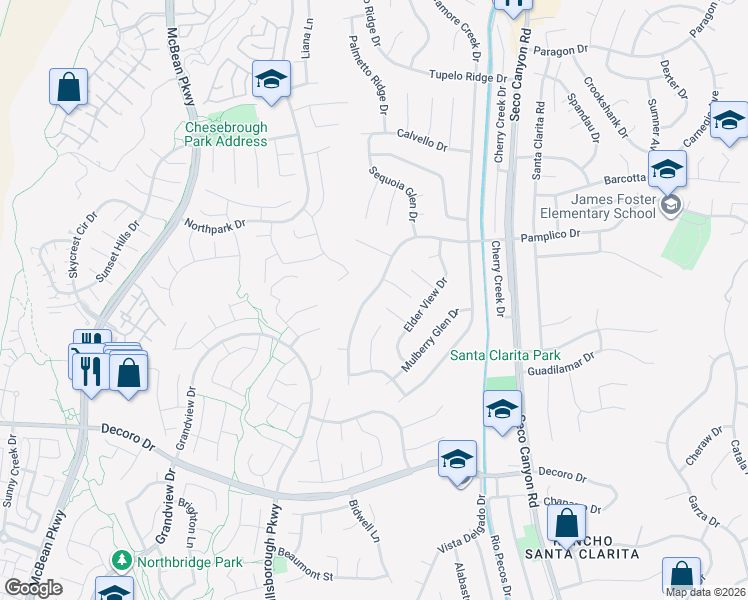 map of restaurants, bars, coffee shops, grocery stores, and more near 27558 Pamplico Drive in Santa Clarita
