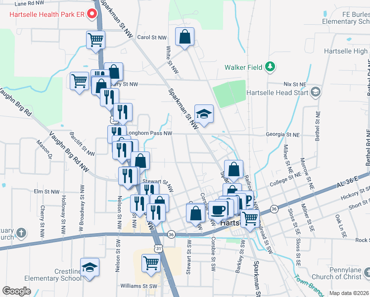 map of restaurants, bars, coffee shops, grocery stores, and more near 805 Corsbie Street Northwest in Hartselle