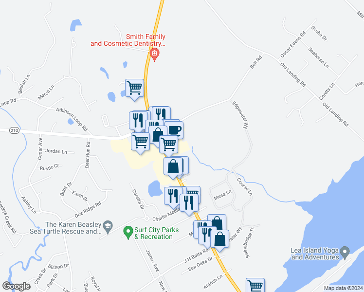 map of restaurants, bars, coffee shops, grocery stores, and more near 200 Gateway Condos Drive in Surf City