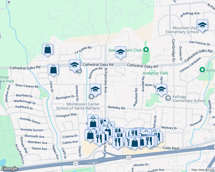 map of restaurants, bars, coffee shops, grocery stores, and more near 598 North Fairview Avenue in Goleta