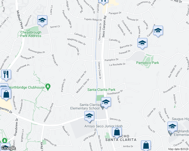 map of restaurants, bars, coffee shops, grocery stores, and more near 27414 Sycamore Creek Drive in Santa Clarita