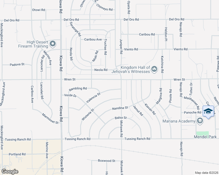 map of restaurants, bars, coffee shops, grocery stores, and more near 21214 Valencia Street in Apple Valley