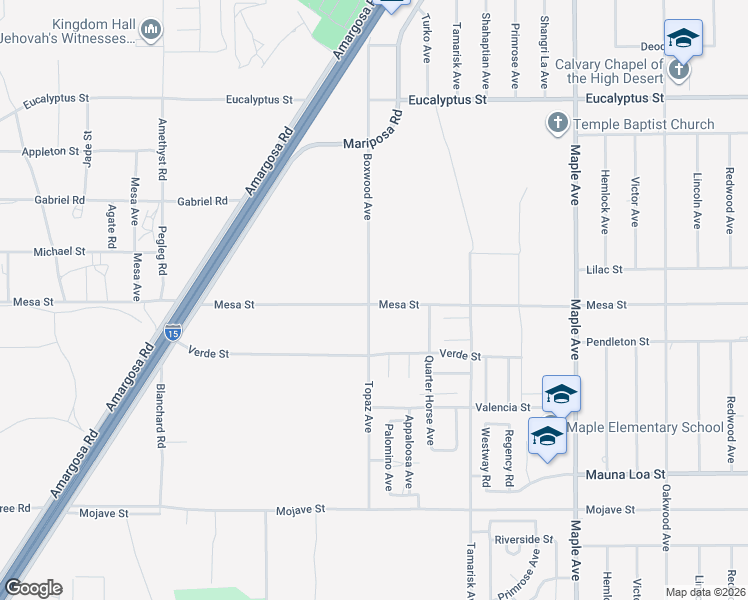 map of restaurants, bars, coffee shops, grocery stores, and more near Boxwood Avenue in Hesperia