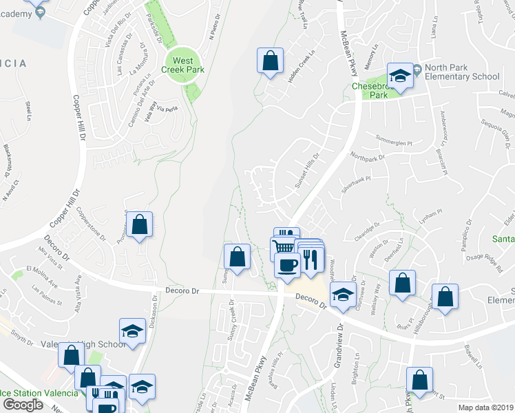 map of restaurants, bars, coffee shops, grocery stores, and more near 27845 Crown Court Circle in Santa Clarita