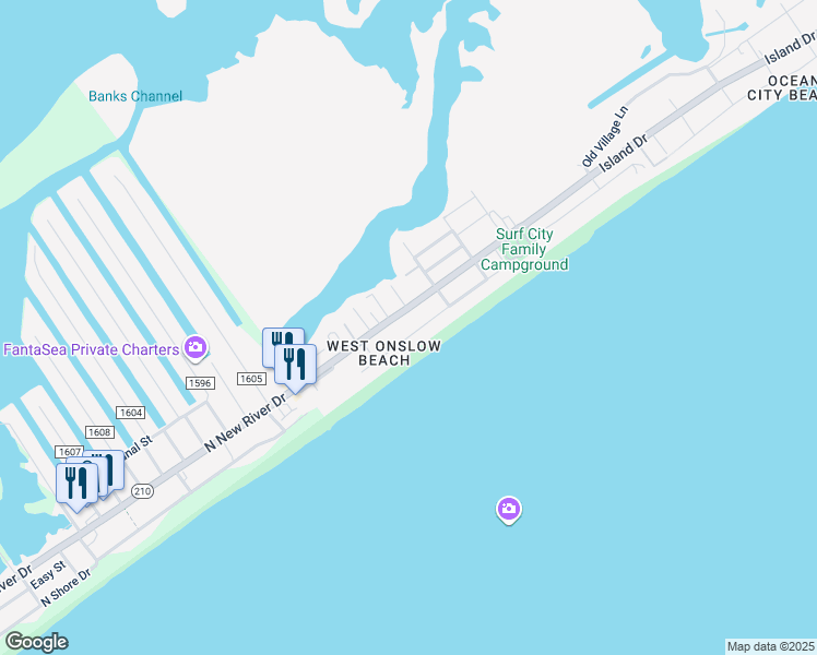 map of restaurants, bars, coffee shops, grocery stores, and more near 237 Seashore Drive in North Topsail Beach