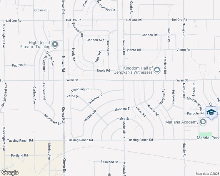 map of restaurants, bars, coffee shops, grocery stores, and more near 21214 Valencia Street in Apple Valley