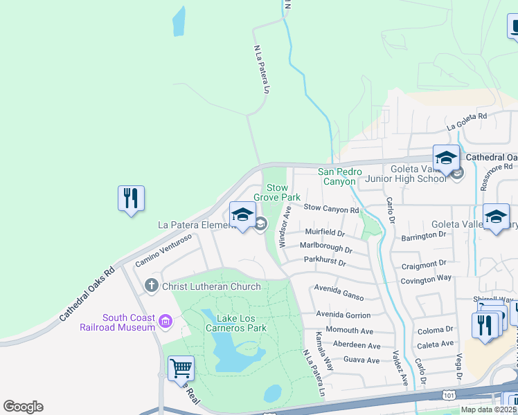 map of restaurants, bars, coffee shops, grocery stores, and more near 6405 La Patera Pl in Goleta