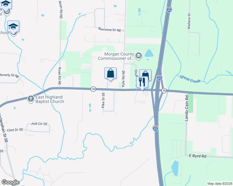 map of restaurants, bars, coffee shops, grocery stores, and more near 1600 Main Street East in Hartselle