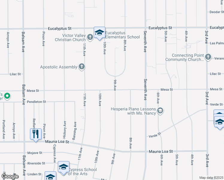map of restaurants, bars, coffee shops, grocery stores, and more near Mesa Street in Hesperia