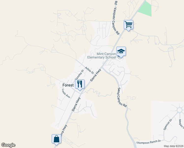map of restaurants, bars, coffee shops, grocery stores, and more near 16505 Sierra Highway in Los Angeles County
