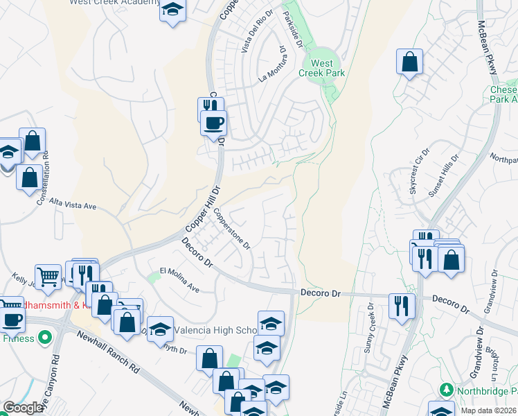 map of restaurants, bars, coffee shops, grocery stores, and more near 28089 Promontory Lane in Santa Clarita