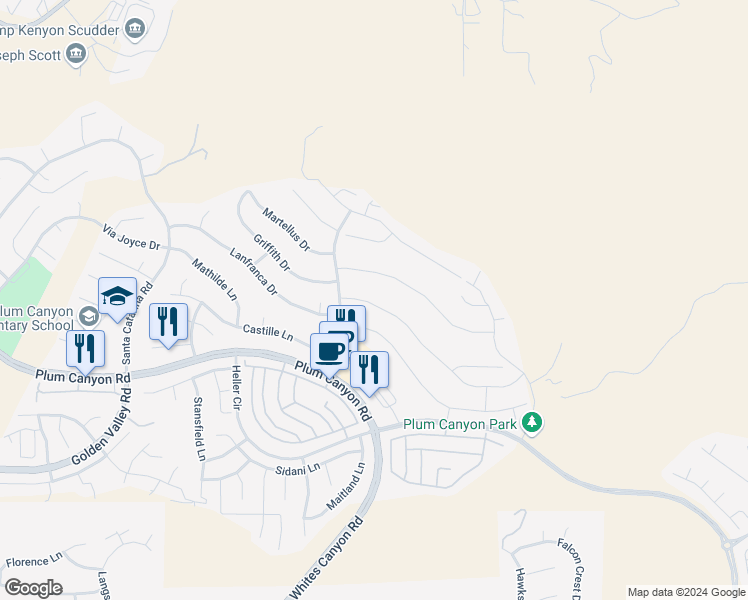 map of restaurants, bars, coffee shops, grocery stores, and more near 19307 Carranza Lane in Santa Clarita