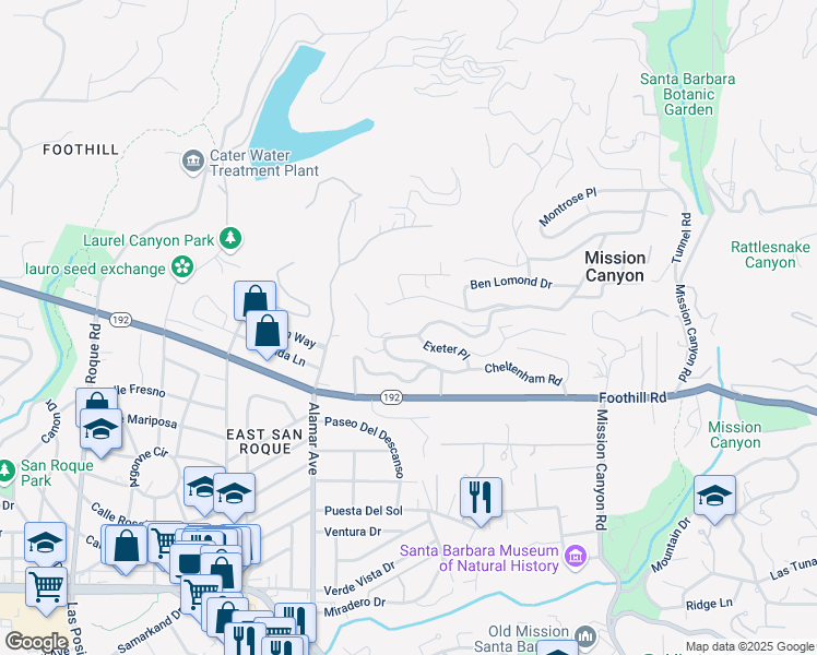 map of restaurants, bars, coffee shops, grocery stores, and more near 909 Cheltenham Road in Santa Barbara