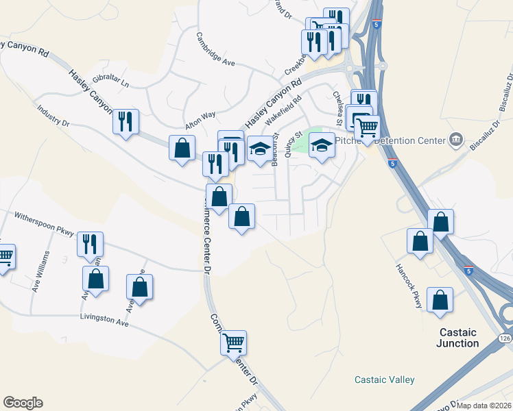 map of restaurants, bars, coffee shops, grocery stores, and more near 28034 Concord Avenue in Castaic