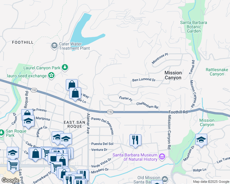 map of restaurants, bars, coffee shops, grocery stores, and more near 909 Cheltenham Road in Santa Barbara
