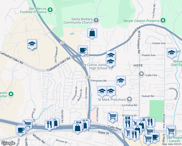 map of restaurants, bars, coffee shops, grocery stores, and more near 660 Cieneguitas Road in Santa Barbara