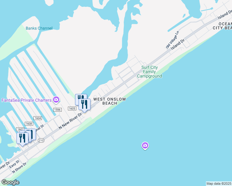 map of restaurants, bars, coffee shops, grocery stores, and more near 237 Seashore Drive in North Topsail Beach