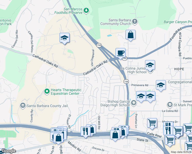 map of restaurants, bars, coffee shops, grocery stores, and more near 340 Old Mill Road in Santa Barbara