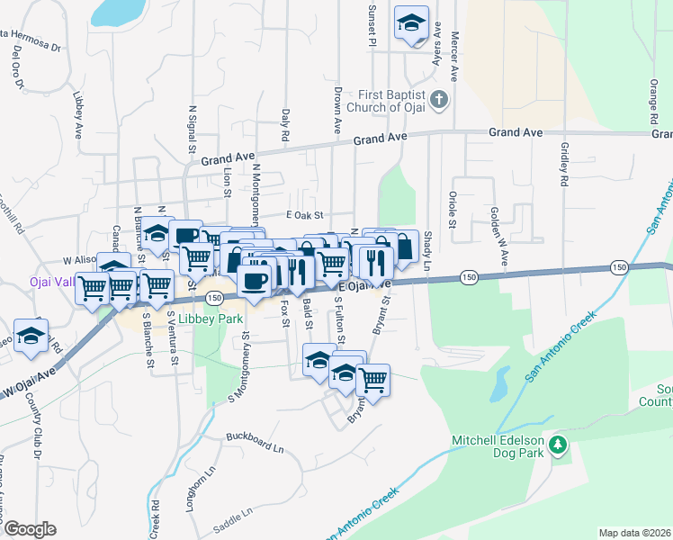 map of restaurants, bars, coffee shops, grocery stores, and more near 110 Drown Avenue in Ojai
