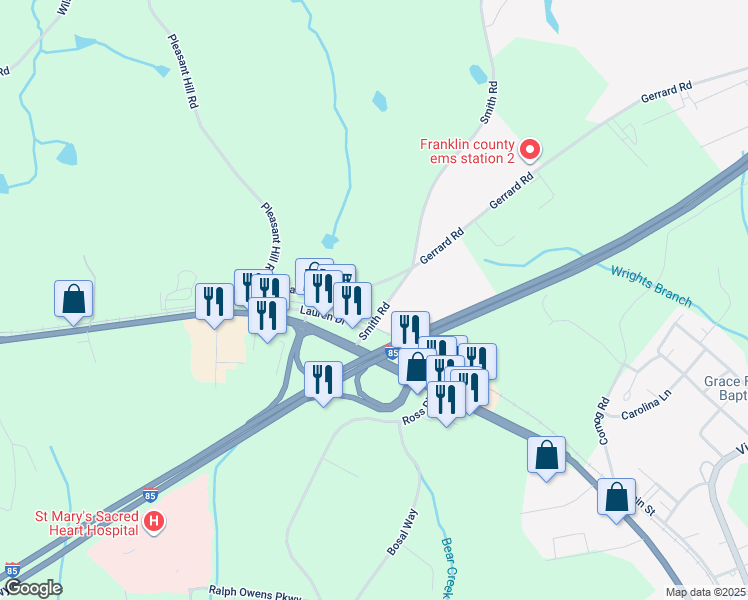 map of restaurants, bars, coffee shops, grocery stores, and more near 111 Smith Road in Lavonia