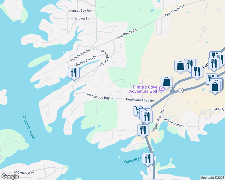 map of restaurants, bars, coffee shops, grocery stores, and more near 112 Stone Creek Circle in Hot Springs