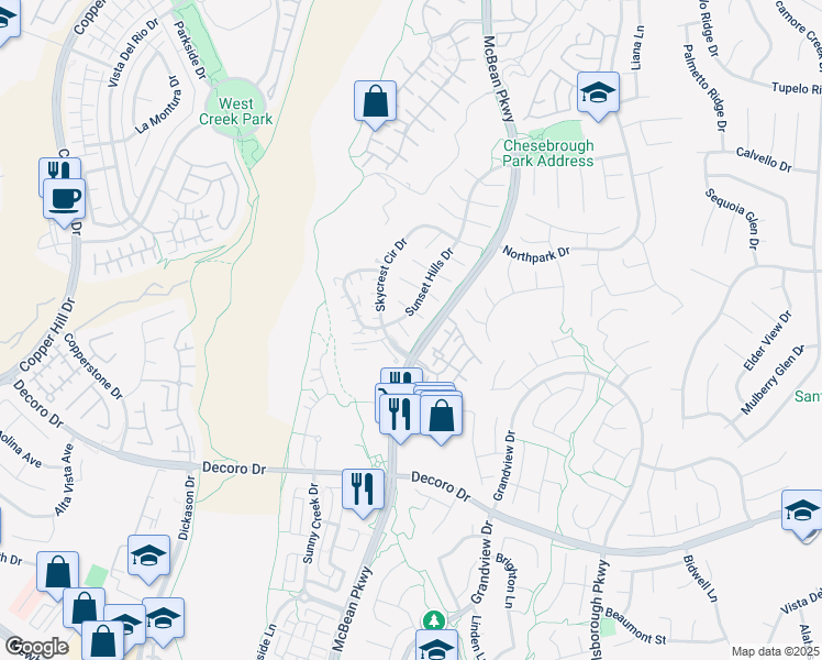 map of restaurants, bars, coffee shops, grocery stores, and more near 23809 Woodpark Court in Santa Clarita