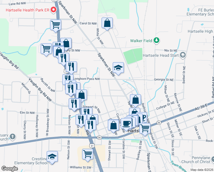 map of restaurants, bars, coffee shops, grocery stores, and more near 805 Corsbie Street Northwest in Hartselle