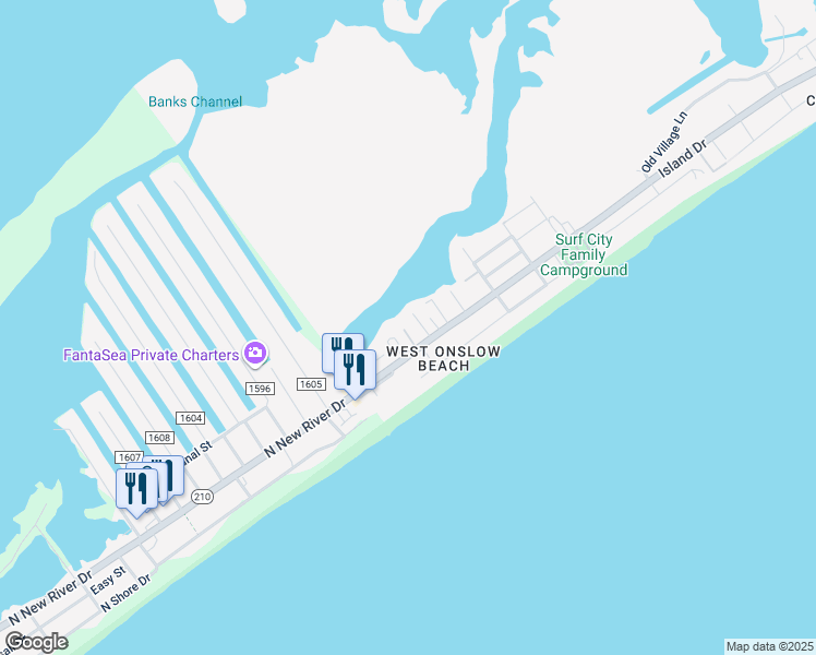 map of restaurants, bars, coffee shops, grocery stores, and more near 1316 Trout Street in North Topsail Beach