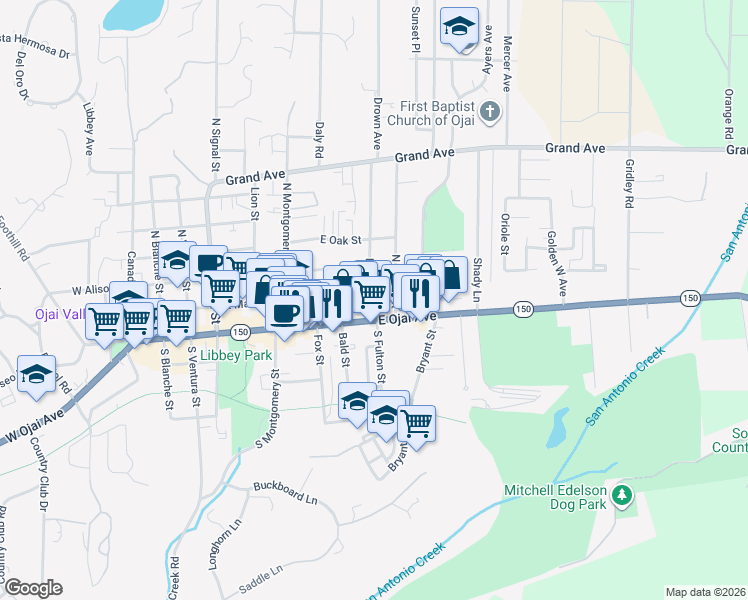 map of restaurants, bars, coffee shops, grocery stores, and more near 110 Drown Avenue in Ojai