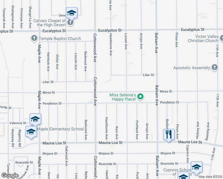 map of restaurants, bars, coffee shops, grocery stores, and more near 15010 Mesa Street in Hesperia