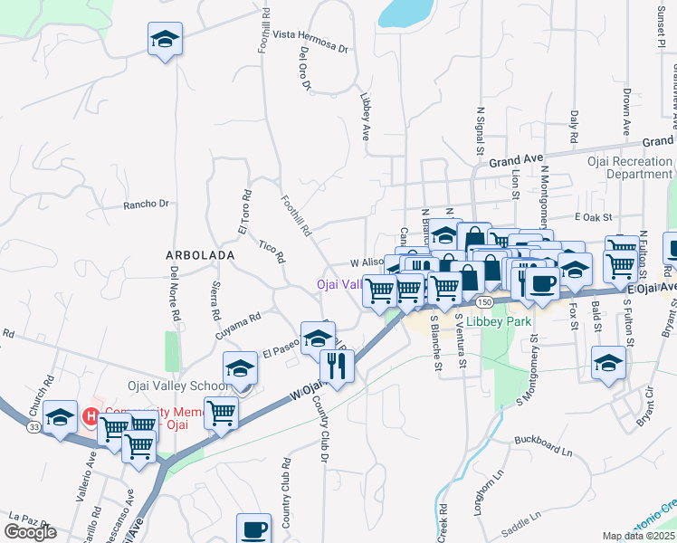 map of restaurants, bars, coffee shops, grocery stores, and more near 212 Foothill Road in Ojai