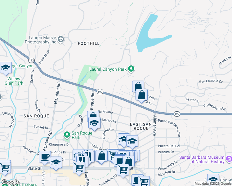 map of restaurants, bars, coffee shops, grocery stores, and more near 3138 Hubba-Hubba Lane in Santa Barbara
