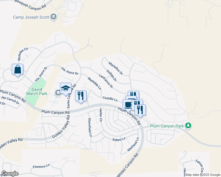 map of restaurants, bars, coffee shops, grocery stores, and more near 19556 Lanfranca Drive in Santa Clarita