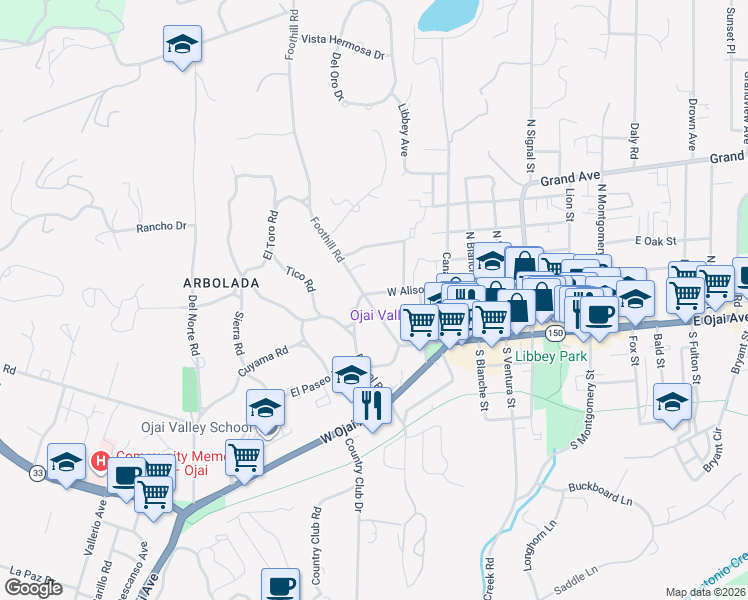 map of restaurants, bars, coffee shops, grocery stores, and more near 212 Foothill Road in Ojai