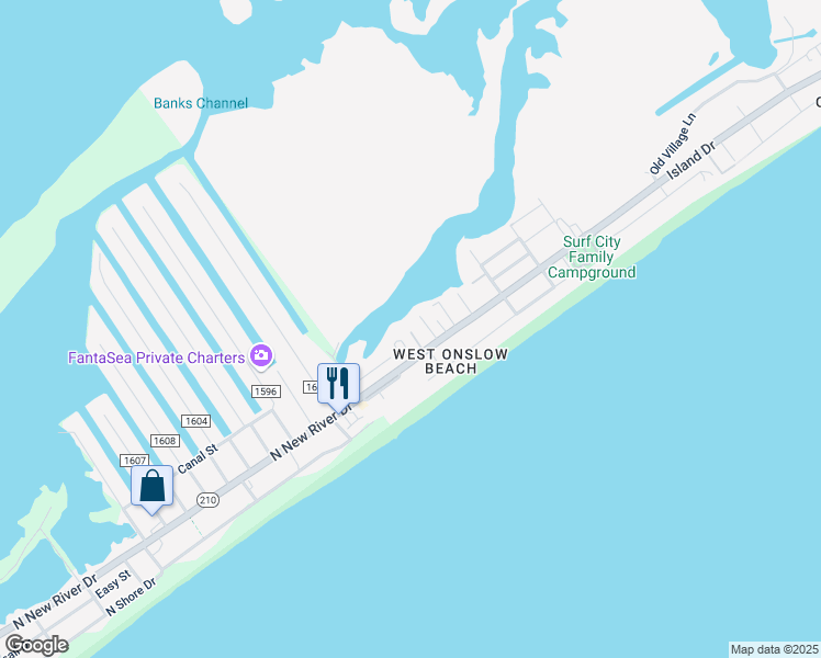 map of restaurants, bars, coffee shops, grocery stores, and more near 110 Seaside Lane in North Topsail Beach