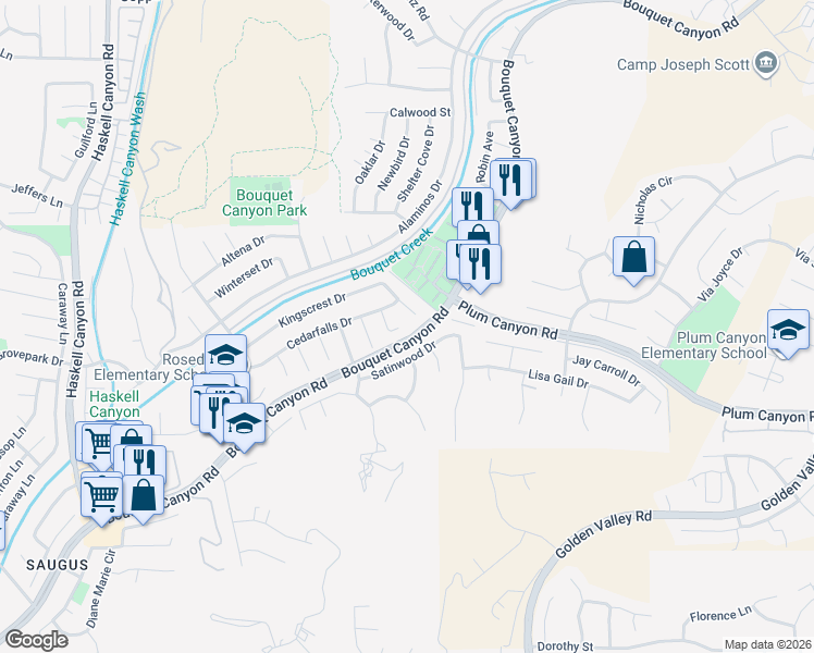 map of restaurants, bars, coffee shops, grocery stores, and more near 27900 Honeycomb Drive in Santa Clarita