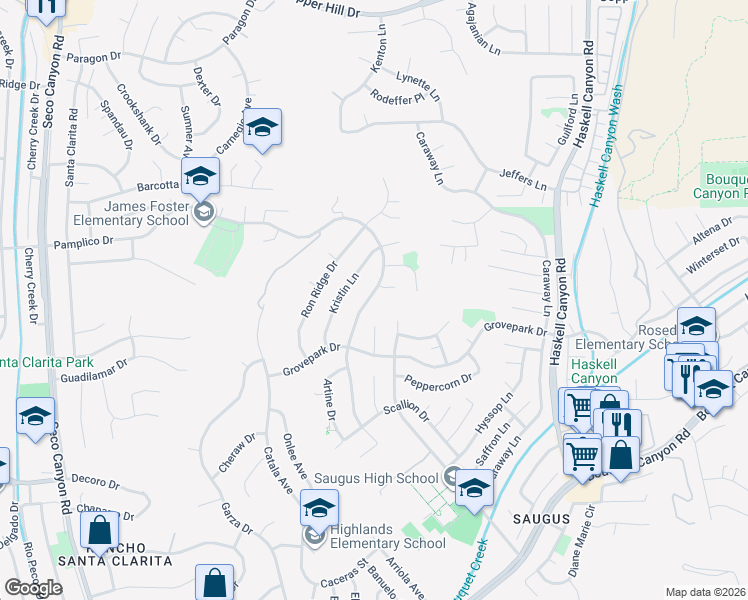 map of restaurants, bars, coffee shops, grocery stores, and more near 22251 Pamplico Drive in Santa Clarita