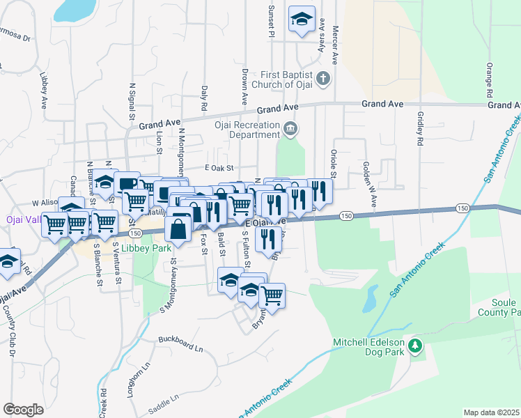 map of restaurants, bars, coffee shops, grocery stores, and more near 110 North Fulton Street in Ojai